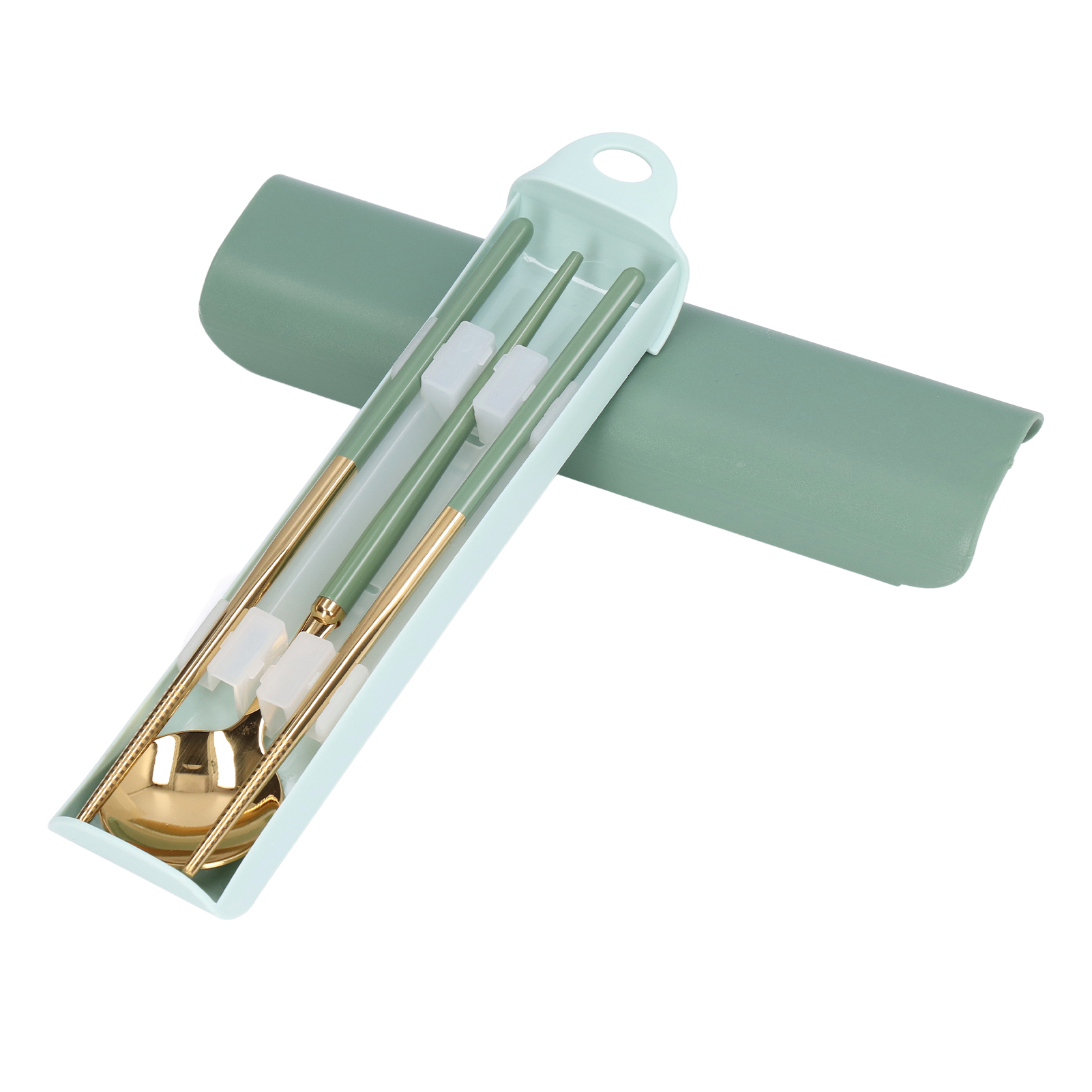 Grünes Und Goldenes Reisebesteckset Aus Edelstahl, Bestehend Aus Gabel, Löffel Und Wiederverwendbaren Essstäbchen Mit Etui.