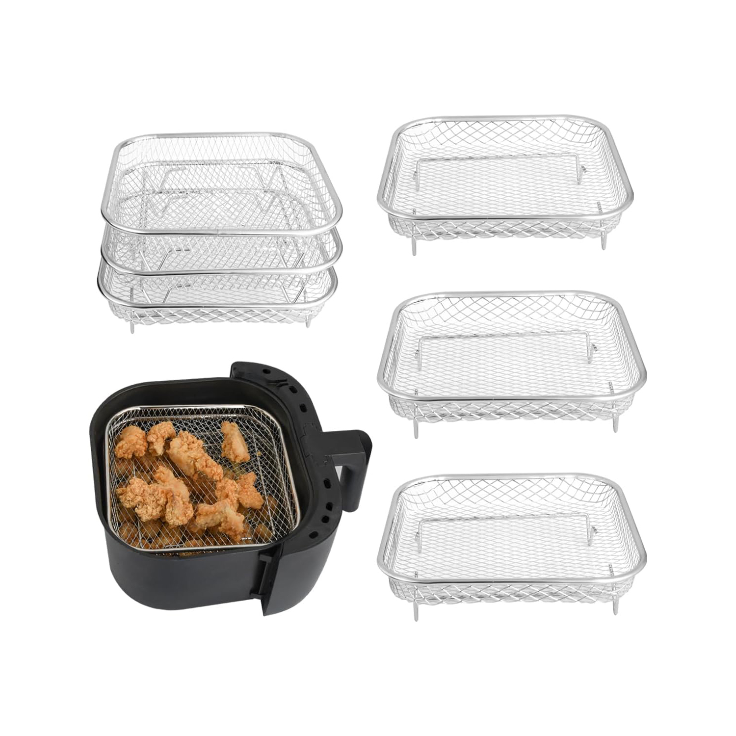 3-teiliges Stapelbares Edelstahl-heißluftfritteusen-set Mit Zubehör Und Quadratischem Ständer