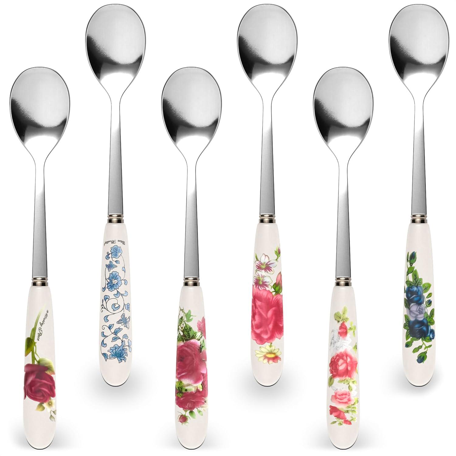 Florale Keramik-kaffeelöffel – 6er-set 15,5 Cm Lange Dessertlöffel Aus Edelstahl – Für Espresso, Tee Und Gebäck Elegante Geschenkidee Für Die Küche