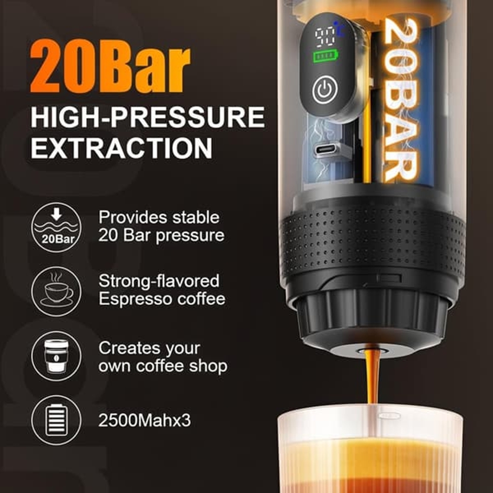 Tragbare Espressomaschine Mit Lcd-bildschirm – Kabellose 3-in-1-kaffeemaschine, Ideal Für Reisen Und Camping