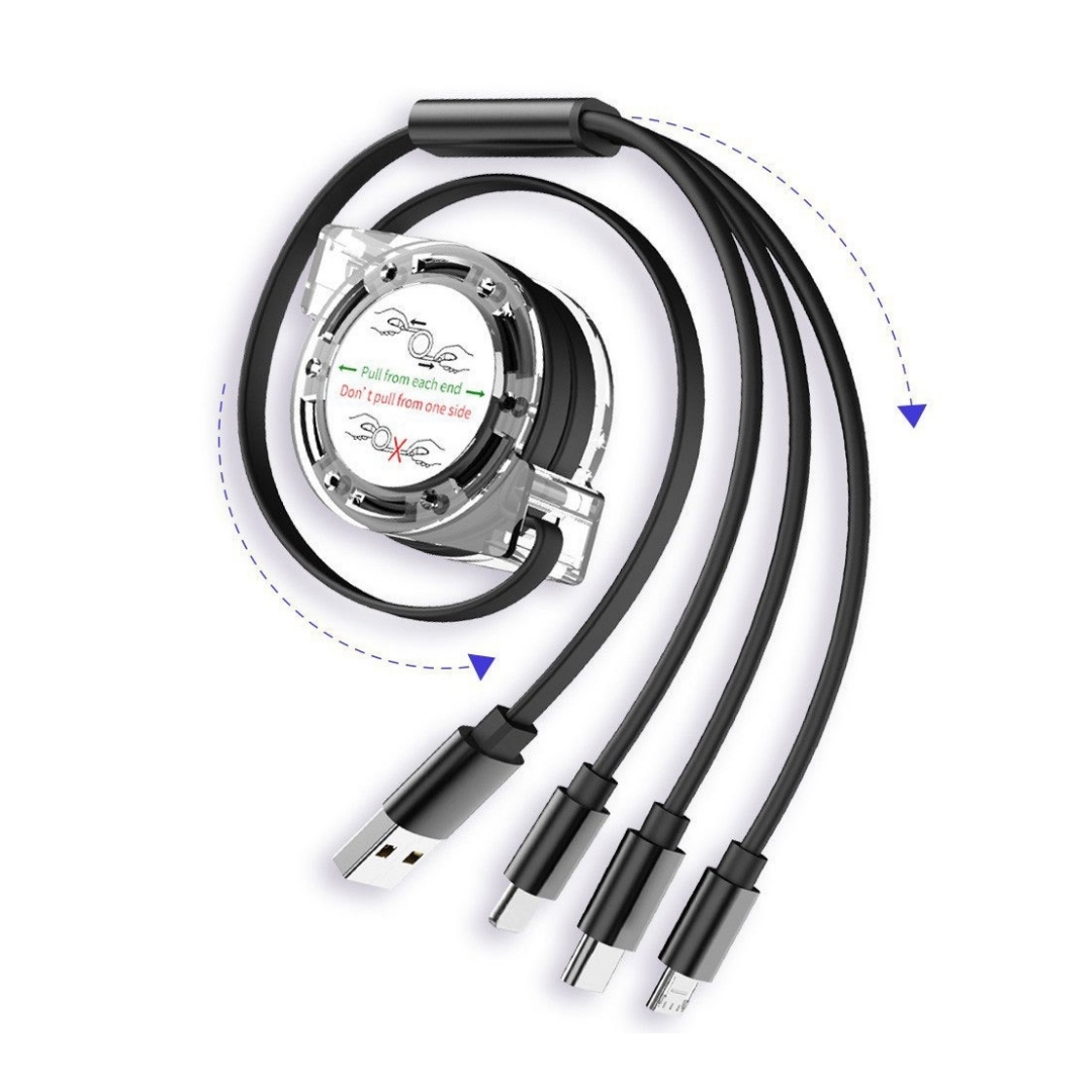 3-in-1-ladekabel Mit Einzugsmechanismus, Usb-c-, Micro-usb- Und Iphone-anschluss Für Android Und Ios