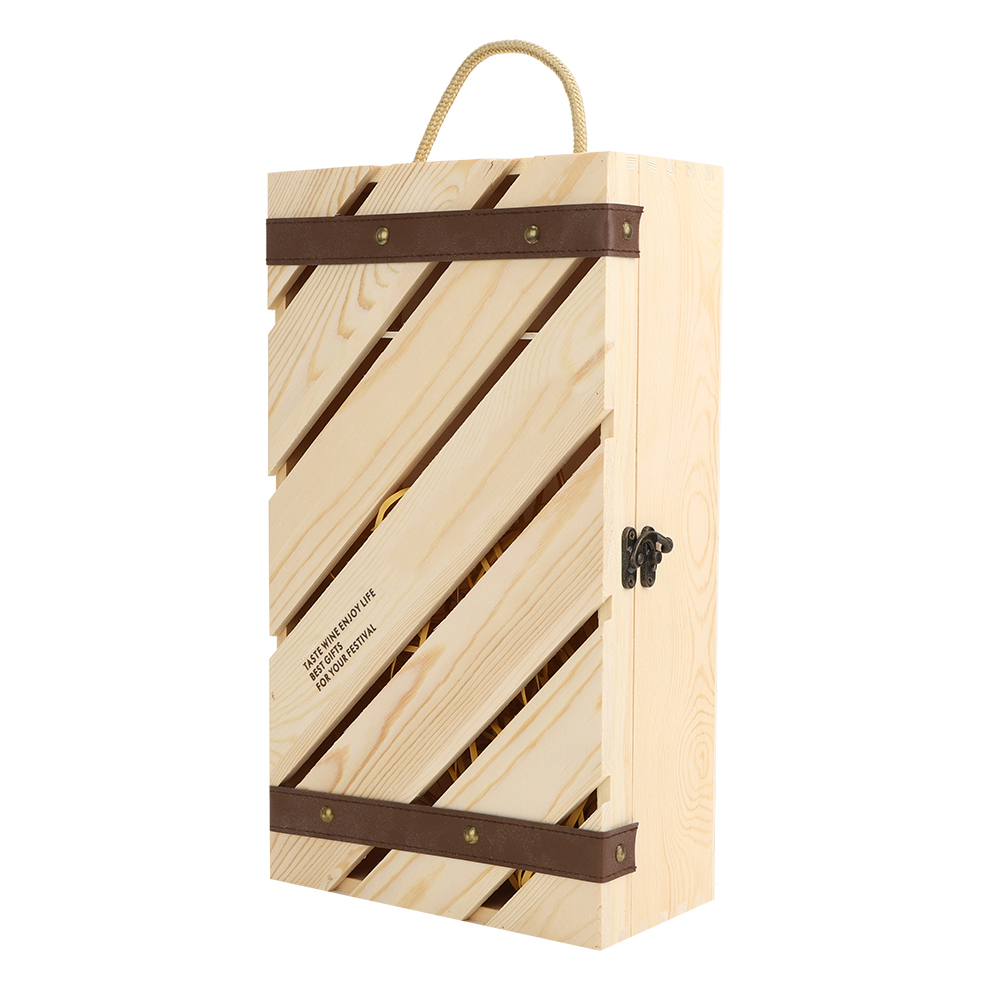 Holzgeschenkbox Für 2 Weinflaschen Mit Seilgriff Und Schrägem Ständer