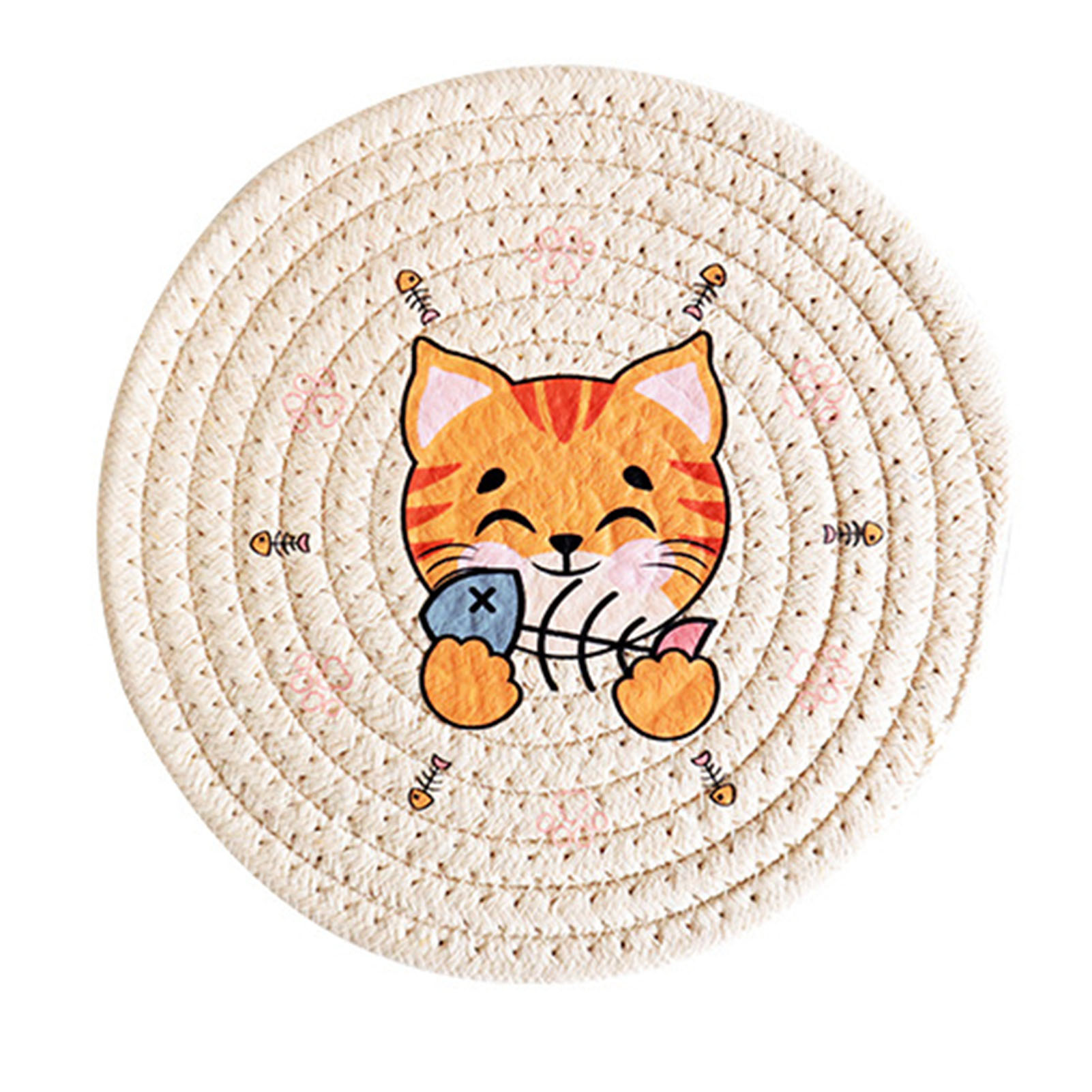 Runde, Isolierende Tischunterlage (18 Cm) – Khaki Und Orange Mit Katzenmuster – Hitzeschutz