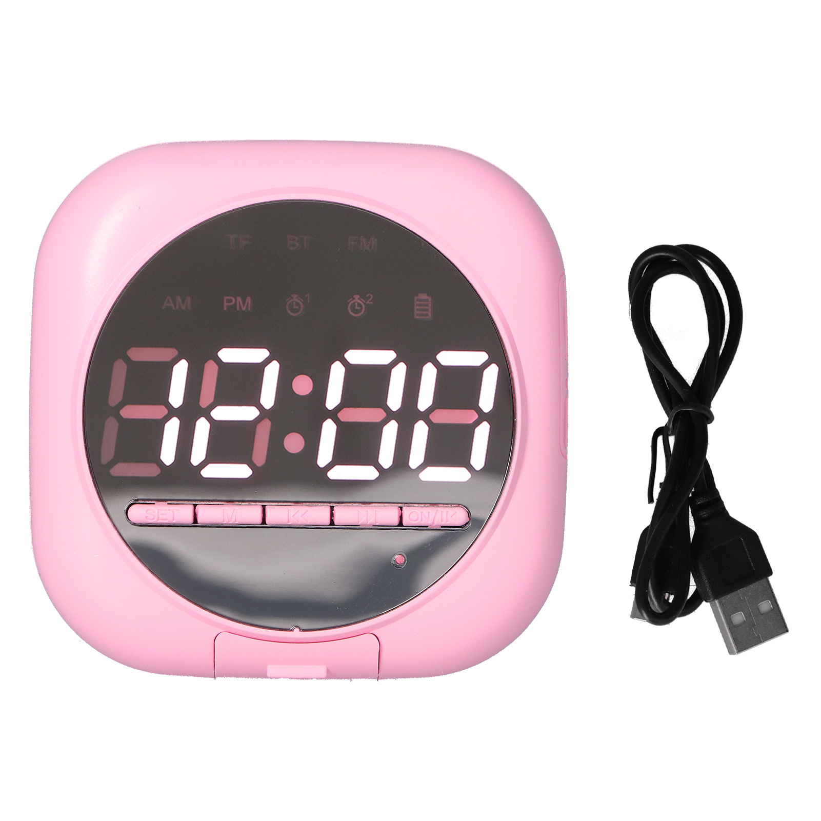 P12 Bluetooth-lautsprecher Mit Led-uhr, Tragbarem Spiegel, Doppelalarm Und Kraftvollem Bass – Pink