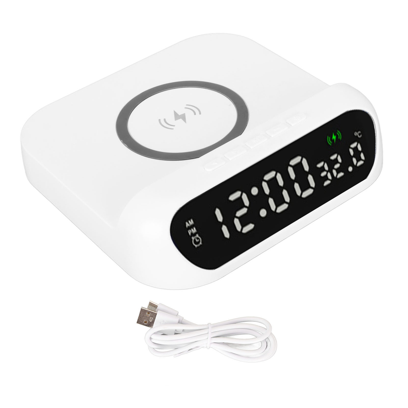 Kabelloser Wecker Mit 10-w-ladegerät, Led-temperaturanzeige, Progressiver Alarmlautstärke Und Multifunktionaler Weißer Ladestation
