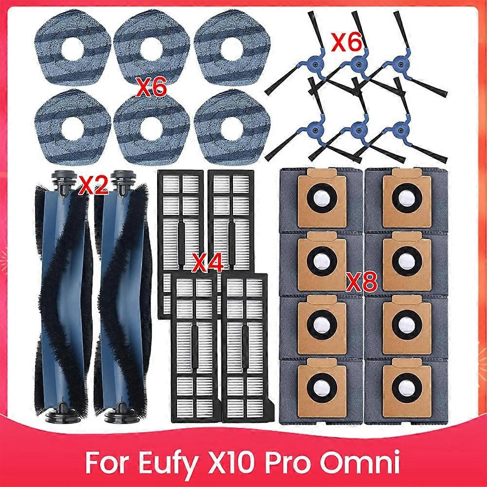 Zubehörset Für Den Eufy X10 Pro Omni Saugroboter: Hauptwalze, Seitenbürste, Filter, Reinigungstuch, Staubbeutel.