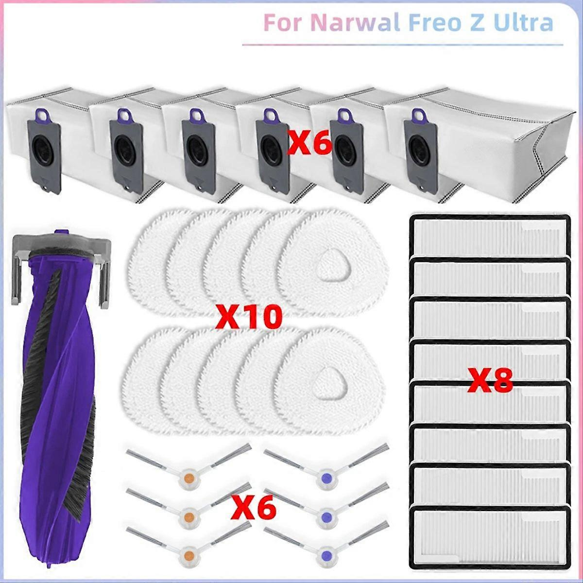 Ersatzteile Für Den Narwal Freo Z Ultra Staubsauger: Hauptwalze, Seitenbürstenabdeckung, Hepa-filter, Reinigungstuch, Staubbeutel.
