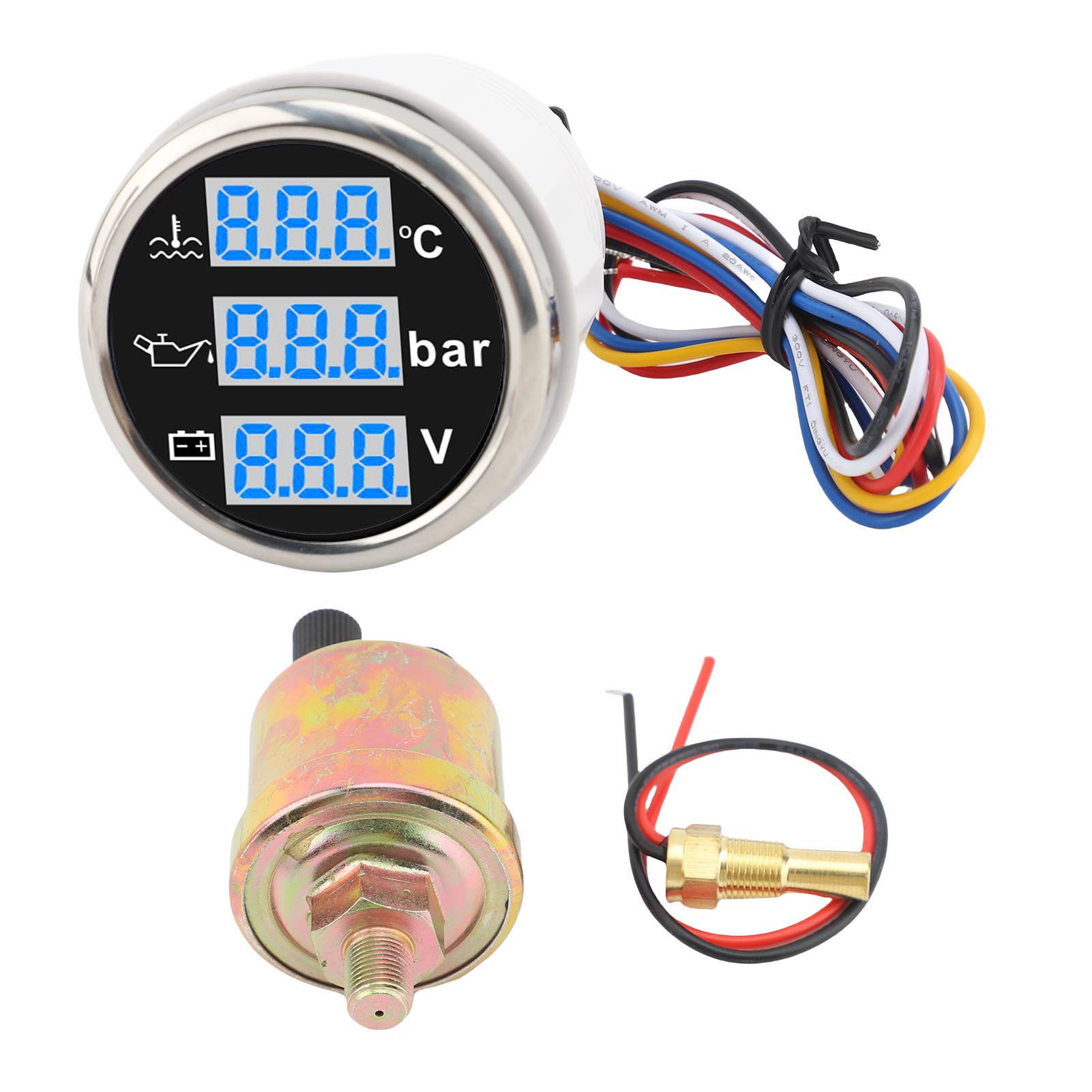 Öldruck- Und Wassertemperatur-voltmeter Für Boote, 52-mm-multifunktions-digitalanzeige, Wasserdicht Nach Ip67, Dreifach-instrumentensatz, Schwarzes Gehäuse, Silberner Rahmen