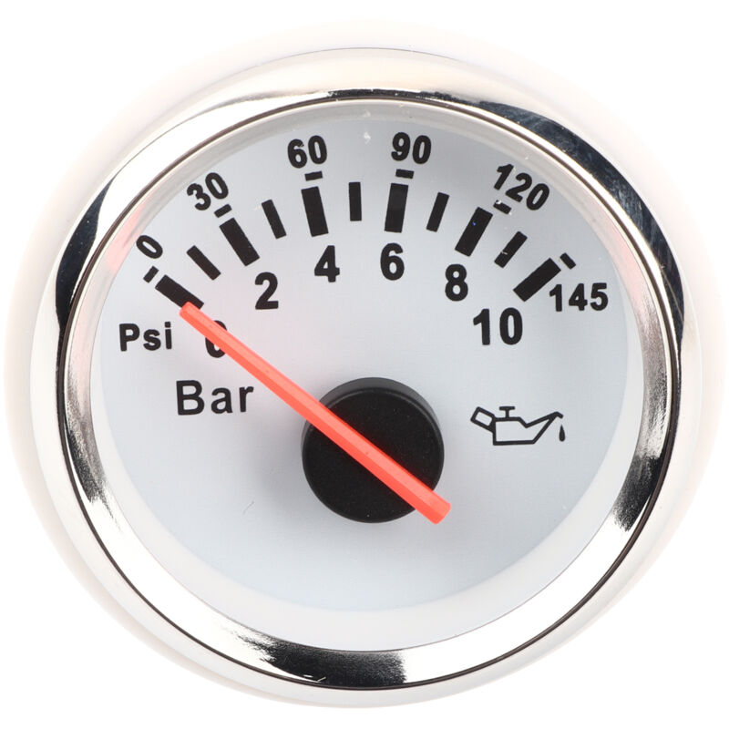 2-zoll-öldruckanzeige 0–10 Bar, 145 Psi, Led-beleuchtetes Zifferblatt, Instrument Für Auto, Motorrad, Boot, Lkw, 12 V/24 V, Weiß-silbernes Gehäuse