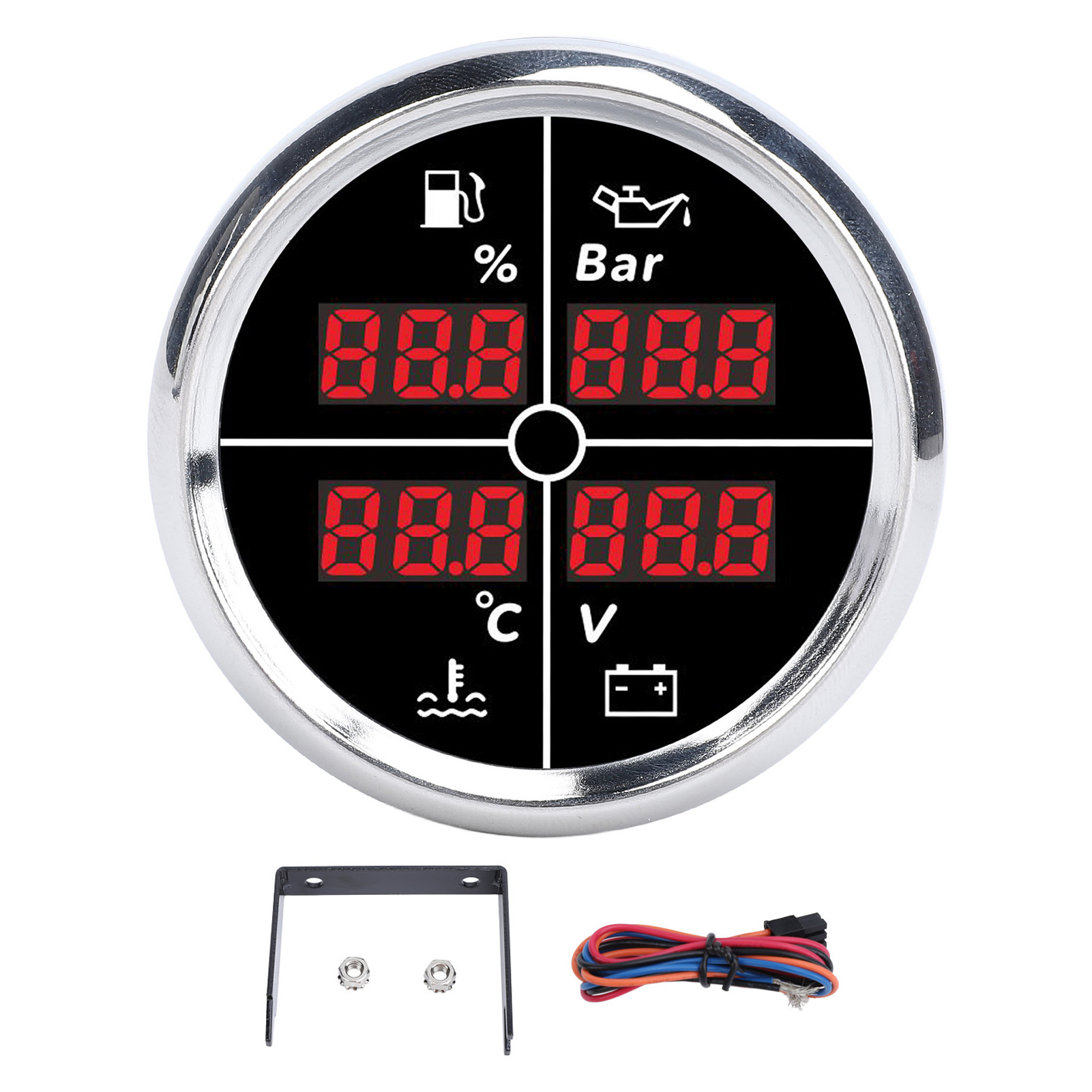 52-mm-multifunktionsinstrument (4-in-1), Digitalanzeige, Kraftstoffstand, Öldruck, Wassertemperatur, Voltmeter Mit Hintergrundbeleuchtung Für Boote/wohnmobile (81000329), Silberne Lünette, Schwarzes Z