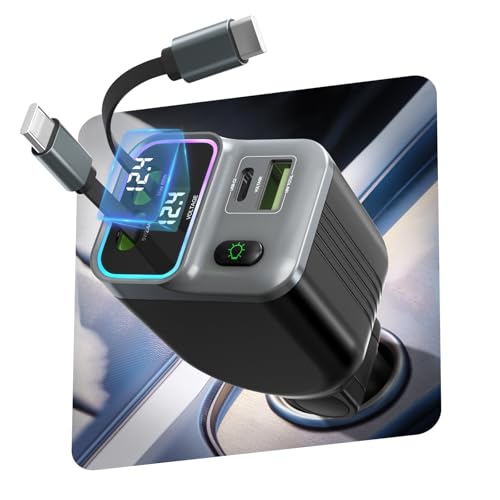 4-in-1 Usb-c 65w Kfz-zigarettenanzünderadapter Für 12v Mit Spannungsanzeige, Einziehbarem Kabel, Ambientebeleuchtung Und Schnellladefunktion. Kfz-zubehör Für Iphone 16/17 Und Galaxy.