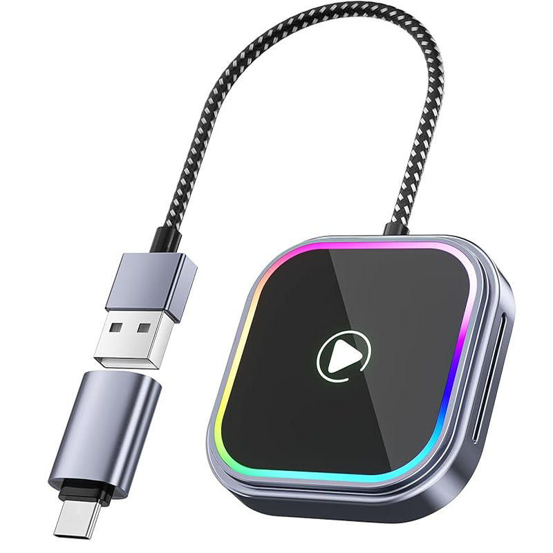 Kabelloser Carplay-adapter Für Apple Und Android Auto Kabelloser Bluetooth-wlan-adapter Mit Usb-c/a-anschluss Für Iphone (ios 10+) Und Android 11+ Plug & Play Mini Sprachsteuerung Farbige Rgb-led-bele