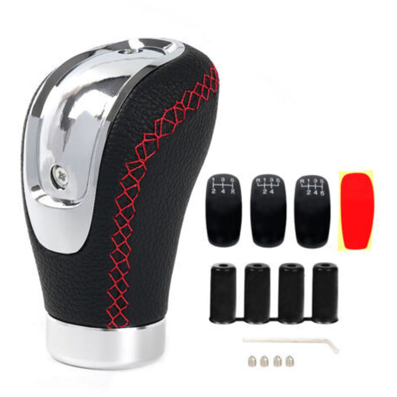 [niemals Verwendet] Universeller Schaltknauf Aus Leder Mit 4 Adaptern Und 3 Ersatzkappen, Für Fahrzeuge Mit 8-mm-, 10-mm- Und 12-mm-schaltgetriebe (red Line)