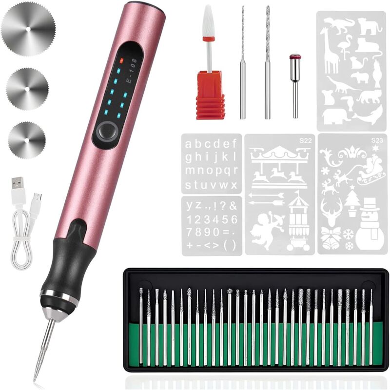 [niemals Verwendet] Elektrischer Gravierstift – Usb-wiederaufladbares Gravierwerkzeug-set – Mit 37 Spitzen Und 5 Designs (roségold)