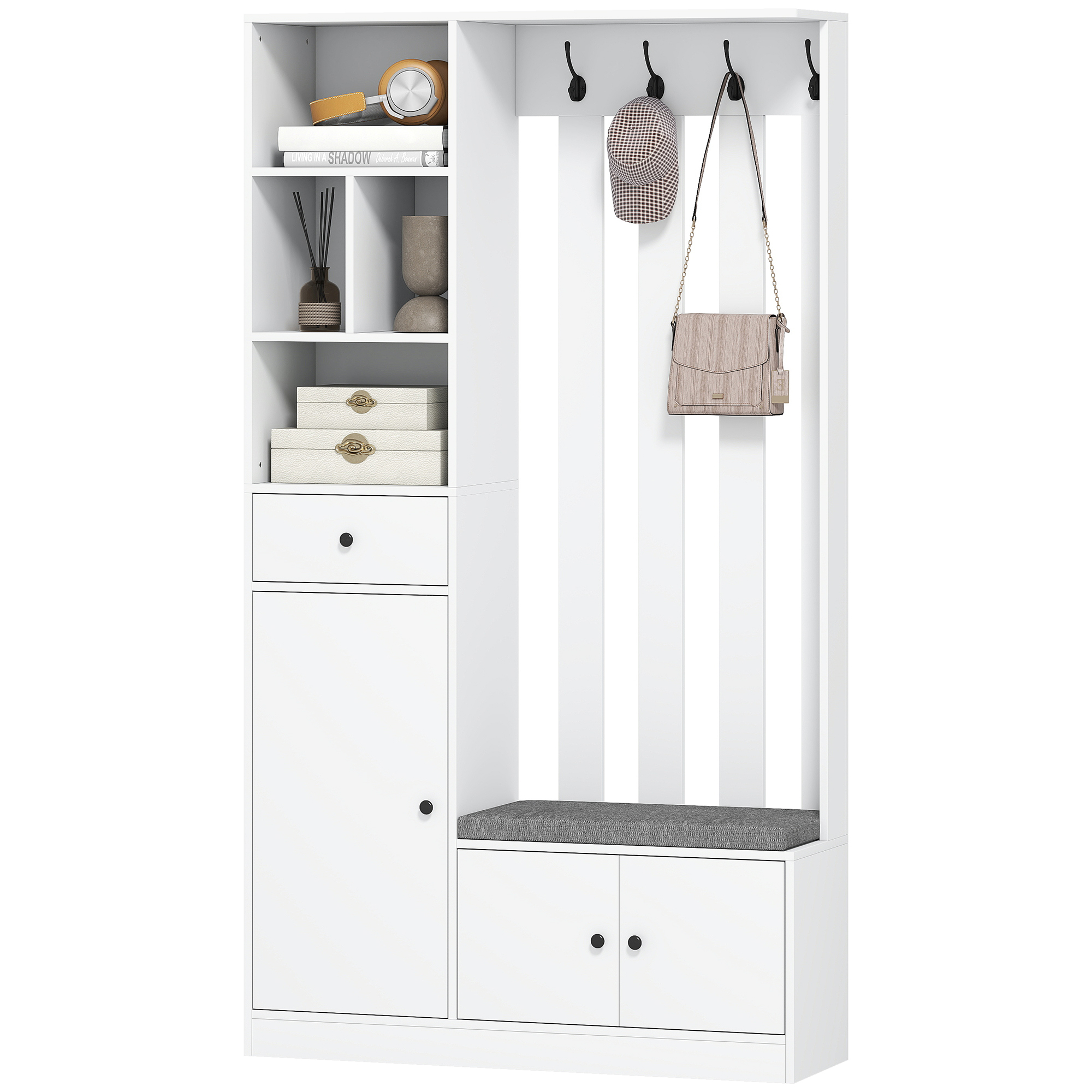 180 Cm Garderobenschrank Mit Kleiderständer, Schuhbank, 4 Haken, Offene Ablageflächen, Mdf, Weiß