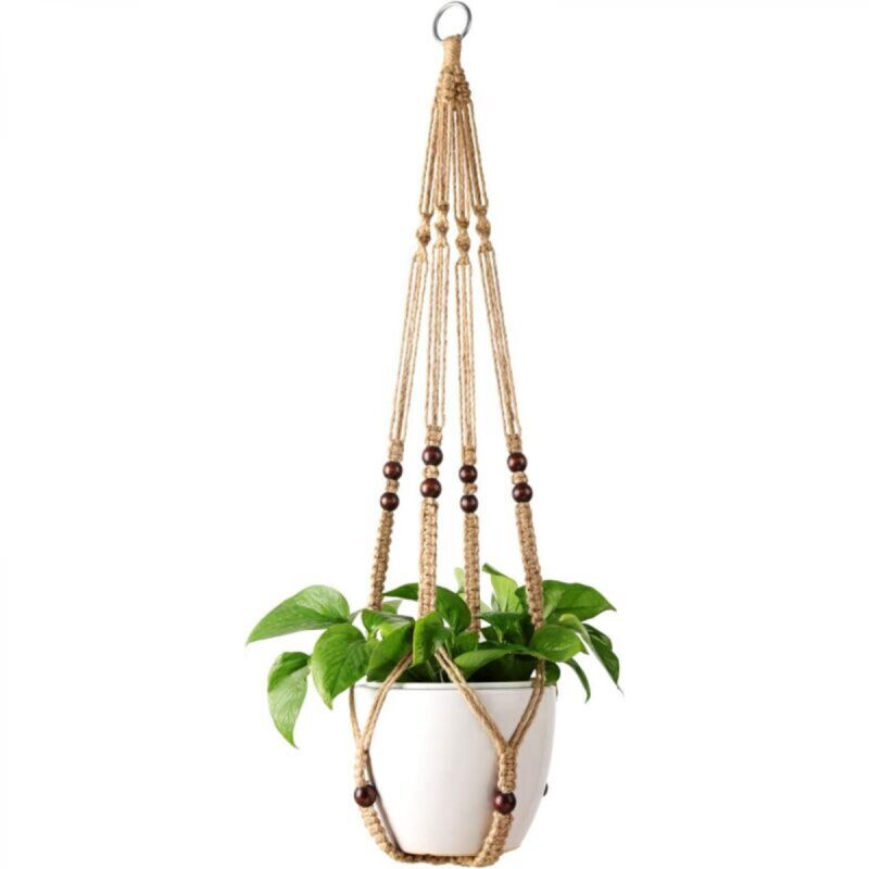 [niemals Verwendet] Hängekorb Für Zimmerpflanzen, Aus Baumwoll- Und Leinenseil, 98 Cm Lang, Verziert Mit Holzperlen, Haken Nicht Im Lieferumfang Enthalten.