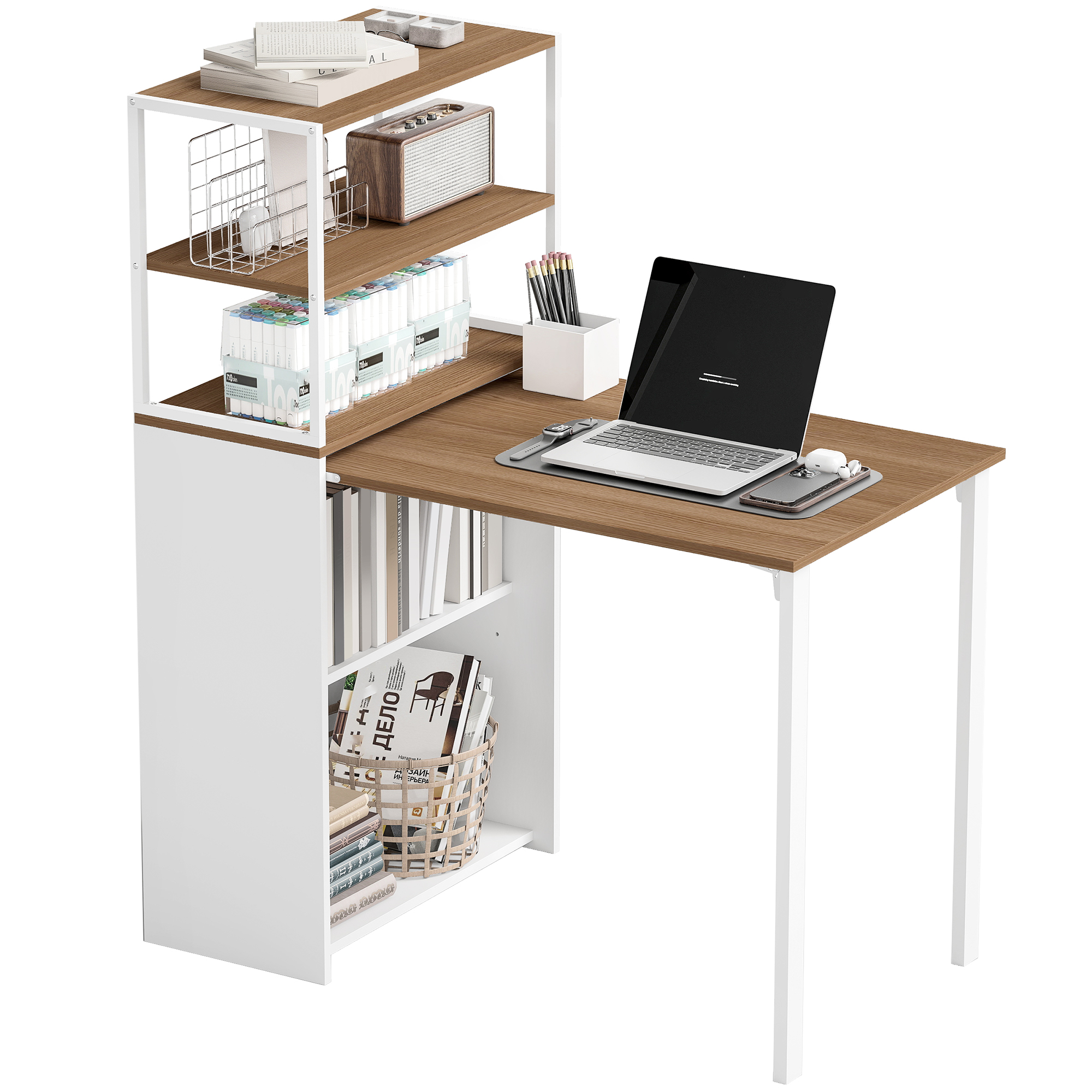 Schreibtisch Klappbar Küchentisch Mit 4 Regal Computertisch Arbeitstisch Laptoptisch 105 X 60 X 127 Cm Naturholz