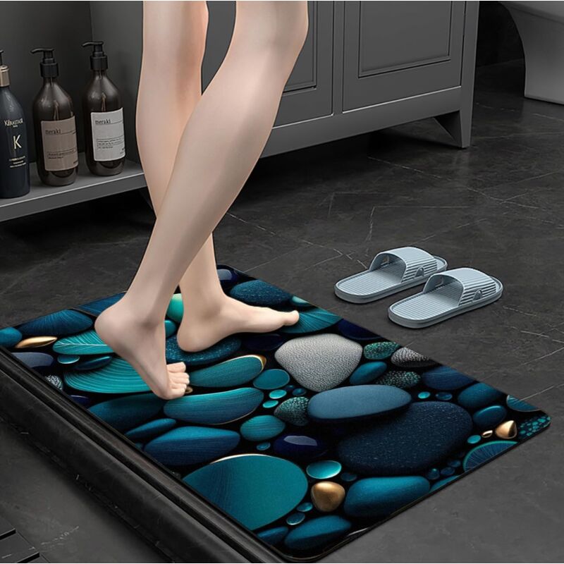 [niemals Verwendet] Rutschfeste Badematte, Exquisites 3d-steinmuster, Weich, Saugfähig Und Schnelltrocknend, Blau (60x40cm)