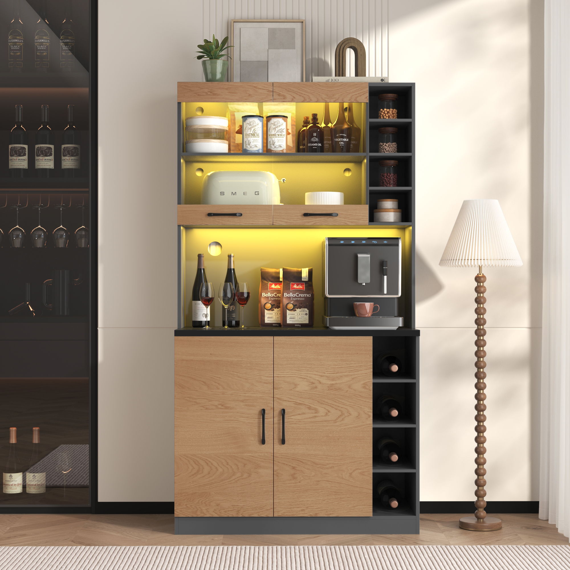 100 × 47 × 187 Cm, Küchenschrank, Sideboard Mit Led-atmosphärenbeleuchtung Und Kabeldurchführung, Hölzerner Küchenhochschrank, Großes Fach Speziell Für Mikrowellen, Freistehend, Seitliche Ablagefläche
