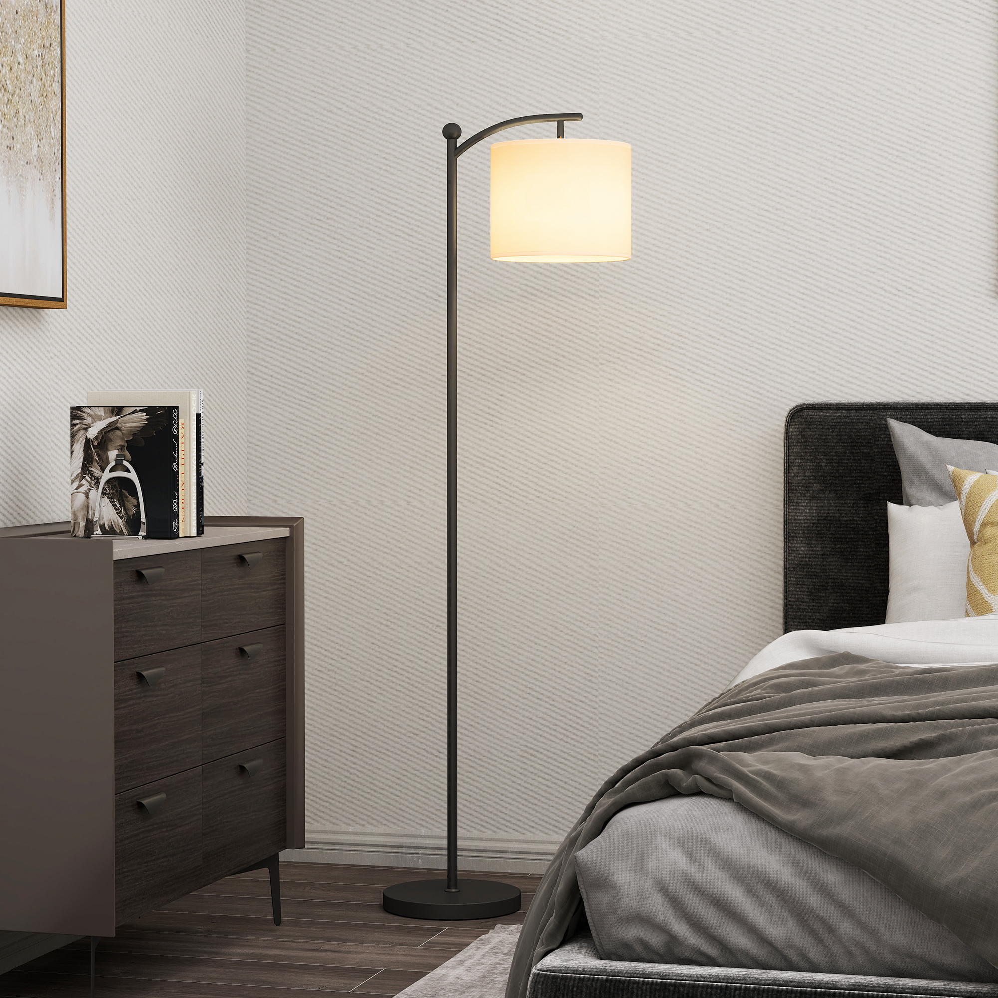 Stehlampe, Verstellbare Lichtoptionen, Fußschalter, Fernbedienung, Metall, Schwarz