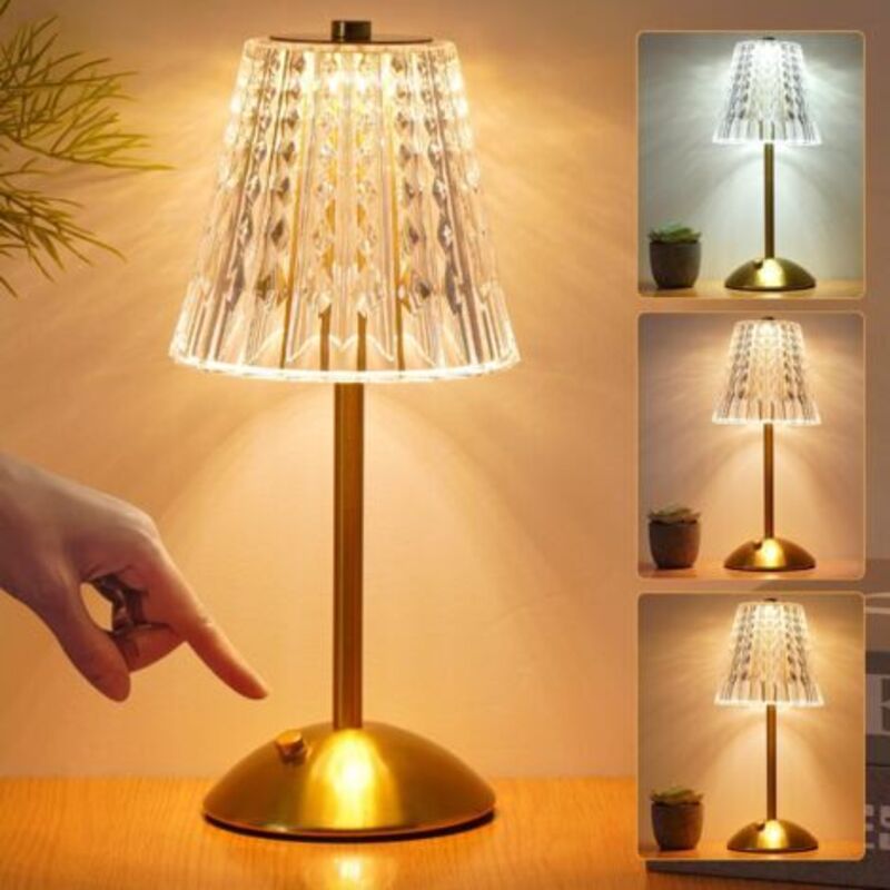 [niemals Verwendet] Kabellose Lampe, Dreifarbige, Berührungsempfindliche Und Dimmbare Kristalllampe, Tragbare Goldene Led-lampe, Kleine Wiederaufladbare Lampe Fürs Schlafzimmer