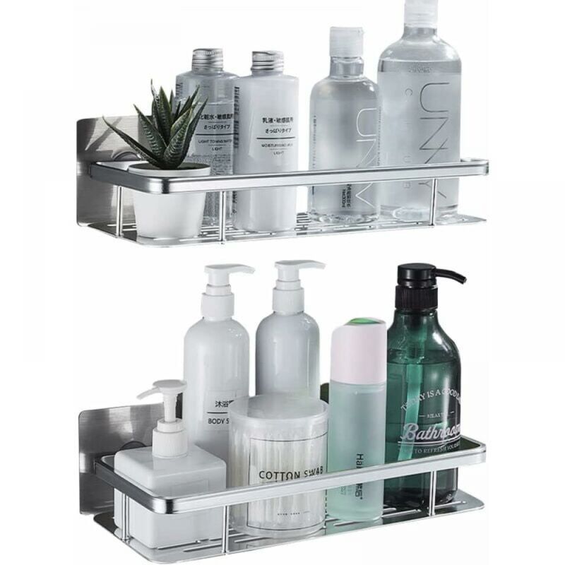 [niemals Verwendet] Duschablagen Aus Aluminium, Kein Bohren Erforderlich, 2-teilig, Silberfarben, Rostfrei, Selbstklebend, Mit 4 Haken.