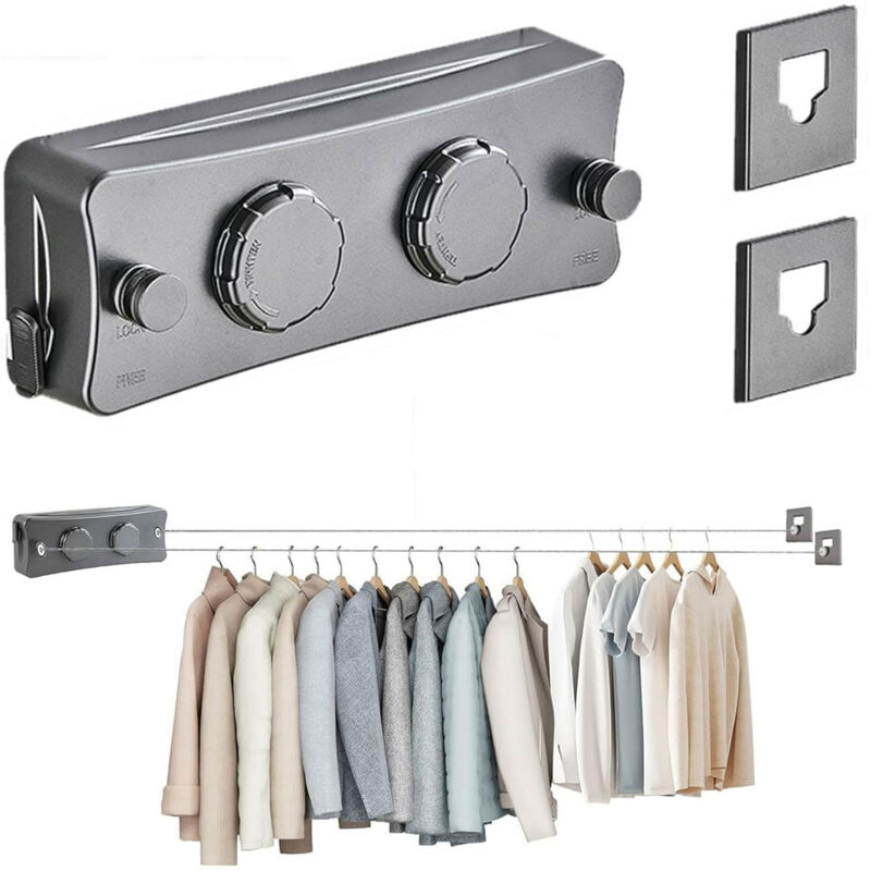 [niemals Verwendet] Ausziehbarer Wandwäschetrockner Mit Zwei Reihen – Mit 2 X 5 M Leinen – Spannknopf Mit Verstellmöglichkeit – Für Balkon, Waschküche, Schlafzimmer – Grau