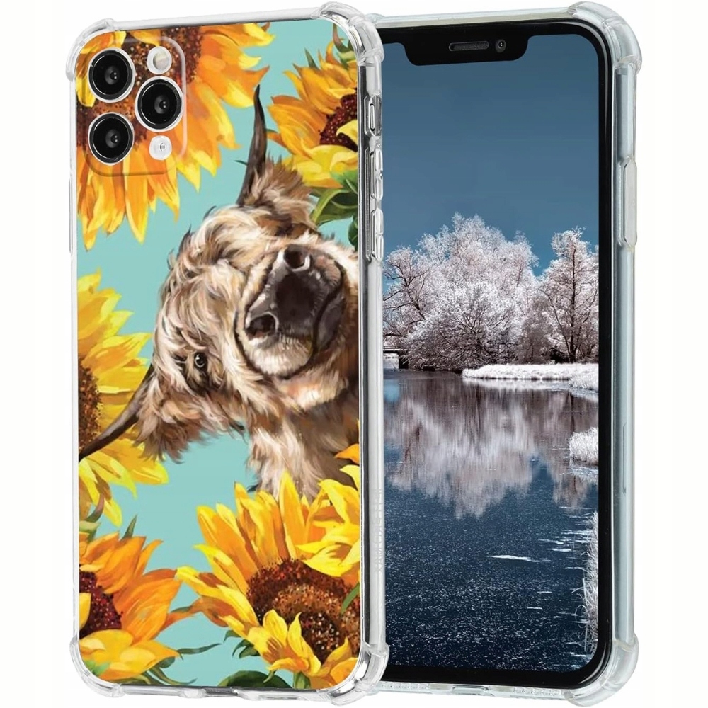 Iphone 11 Pro Hülle Mit Hochlandrind-motiv – Stilvolles Kuh- Und Sonnenblumenmuster