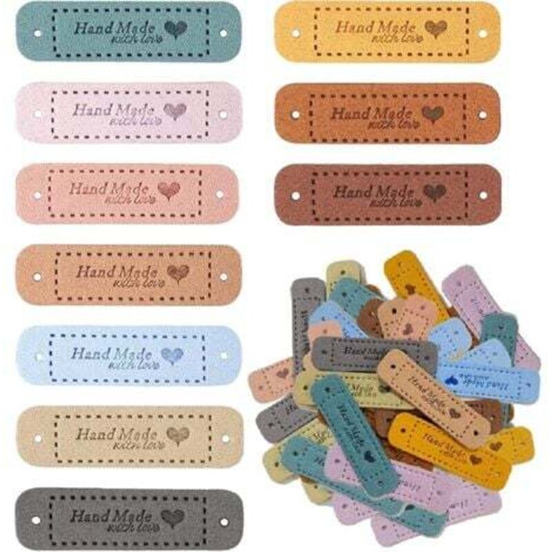 [niemals Verwendet] Packung Mit 100 Handgefertigten Kleidungsetiketten, Personalisierten Lederetiketten, Handgefertigten Näh-etiketten Mit Löchern Für Strickarbeiten (10 Farben, 56 X 15 Mm)