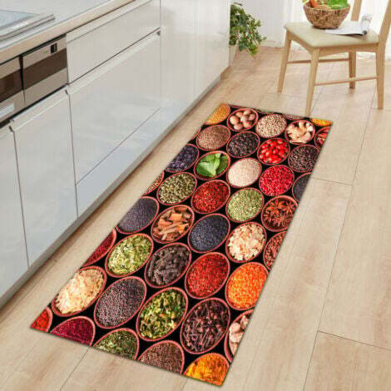 [niemals Verwendet] Küchenmatte (40 X 120 Cm), Serie „gewürze Und Geschirr“, Rutschfeste Küchenmatte Für Den Spülbeckenbereich, Saugfähig, Waschbar, Rutschfeste Bodenmatte, Dekorative Matte