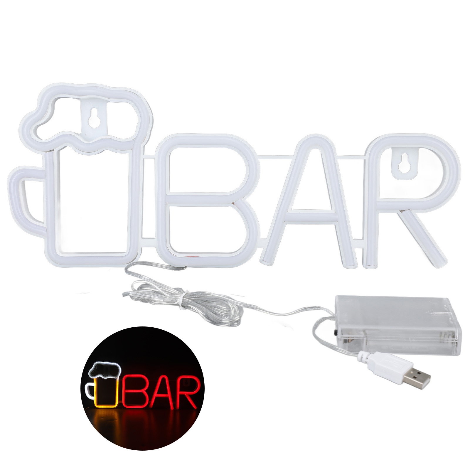 Neon-led-barschild Mit Usb- Oder Batteriebetrieb – Bar- Und Bierglas-design – Sicheres Abs/pvc – 35,5 X 14,5 Cm, Rot, Zur Wanddekoration
