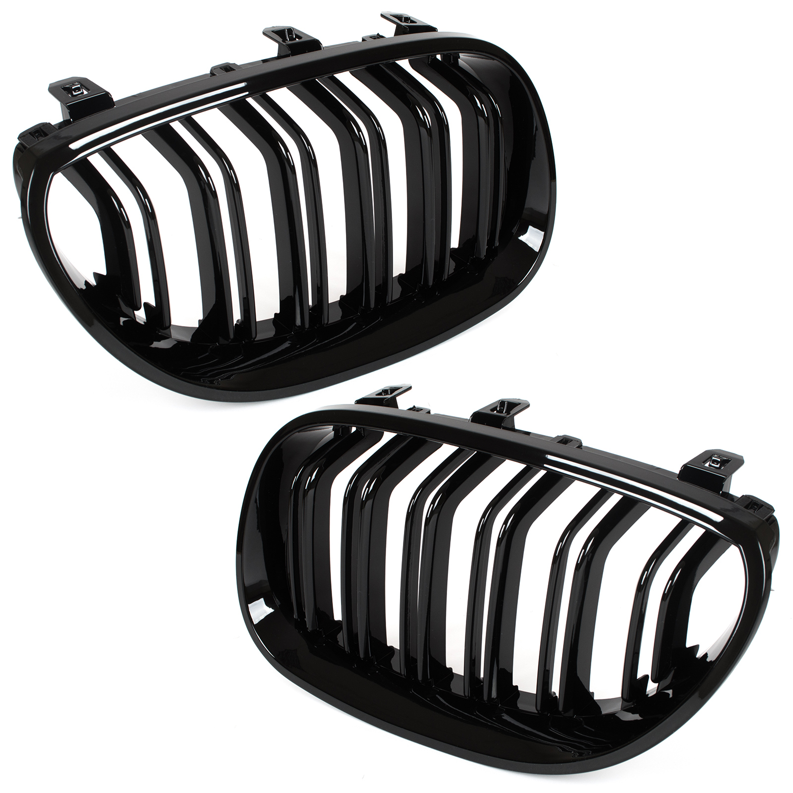 Bmw 5 E60 / E61 03-10 Kühlergrill Zwischen Den Scheinwerfern (nieren) Links + Rechts, Schwarz Glänzend, Doppelte Bar-gebogene Rippen