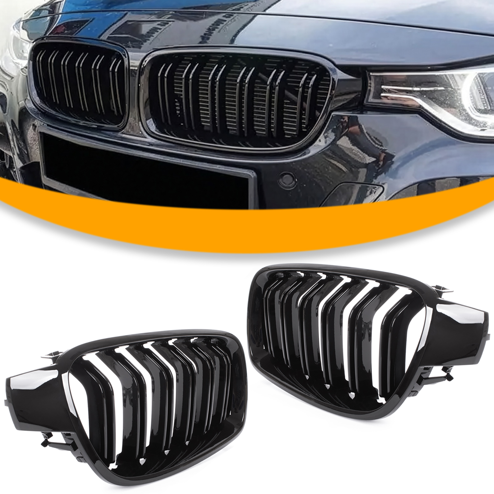 Bmw 3er F30/f31 Limousine/kombi (2011–2015), Kühlergrill Zwischen Den Scheinwerfern (nieren), Links + Rechts, Schwarz Glänzend, Doppelstrebe
