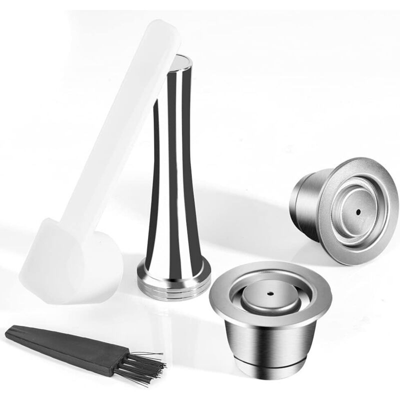 Set Mit 2 Wiederverwendbaren Edelstahl-kaffeekapseln, Kompatibel Mit Nespresso-maschinen, Inklusive 1 Stempel, 1 Löffel Und 1 Bürste.