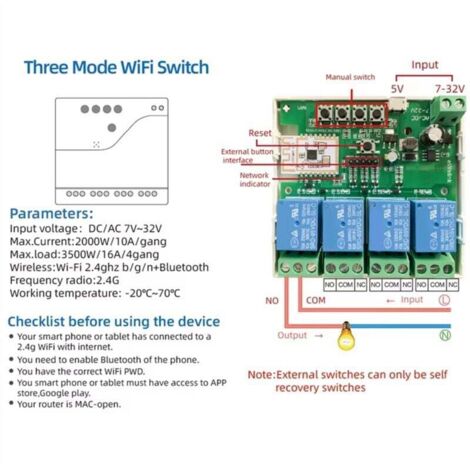 Intelligenter Vierkanal-schalter Mit Wlan Und Bluetooth, Relaismodul Mit Trocknerkontakt, Fernsteuerungs-app Für 7–32 V.