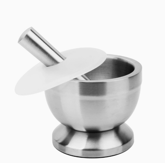 Großer Mörser Mit Stößel Aus Edelstahl Mit Deckel, Rutschfester Boden Zum Zerkleinern Von Kräutern, Gewürzen Und Tabletten, 11,7 Cm Durchmesser