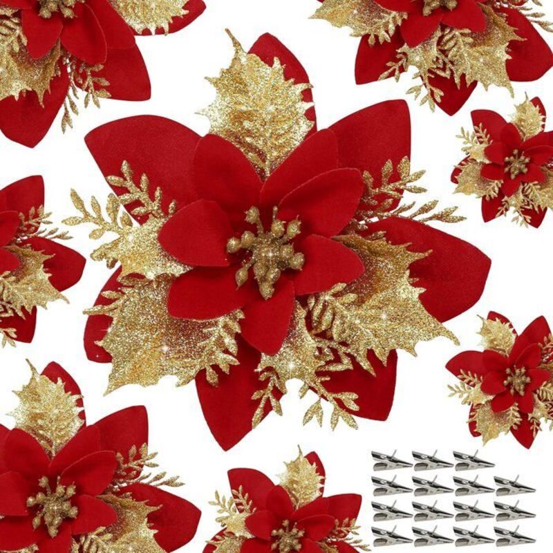 Poinsettia Artificiel - Non Spécifié - Lot De 15 - Rouge - Paillettes - 14 Cm