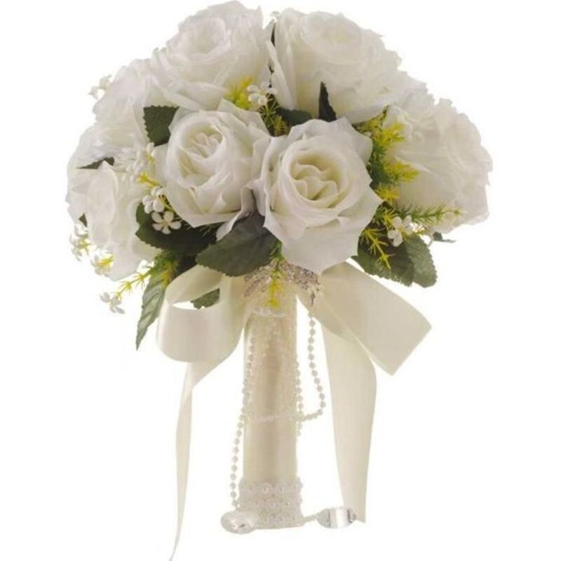 Bouquet De Mariage Pour Futures Mariée Rose Romantique Fleur Bride Floraison - Blanc 22cm 3