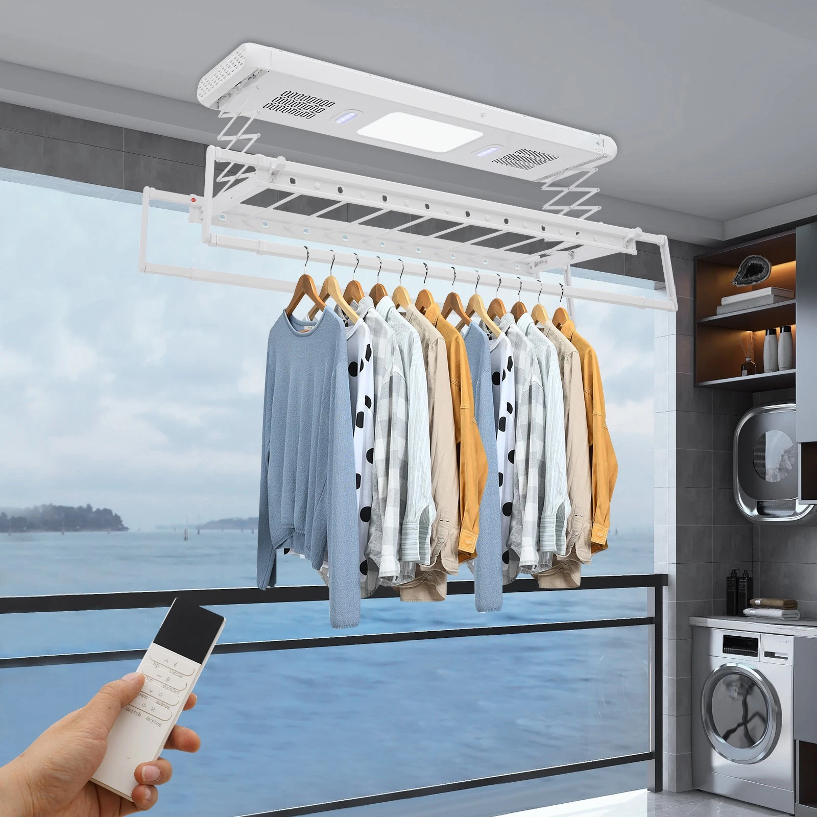 Elektrischer Wäschetrockner Zur Wand- Und Deckenmontage Mit Fernbedienung Und Led-beleuchtung Elektrischer Wäschetrockner Aus Aluminium Und Stahl Für Balkone, Badezimmer Und Andere Einsatzbereiche Im