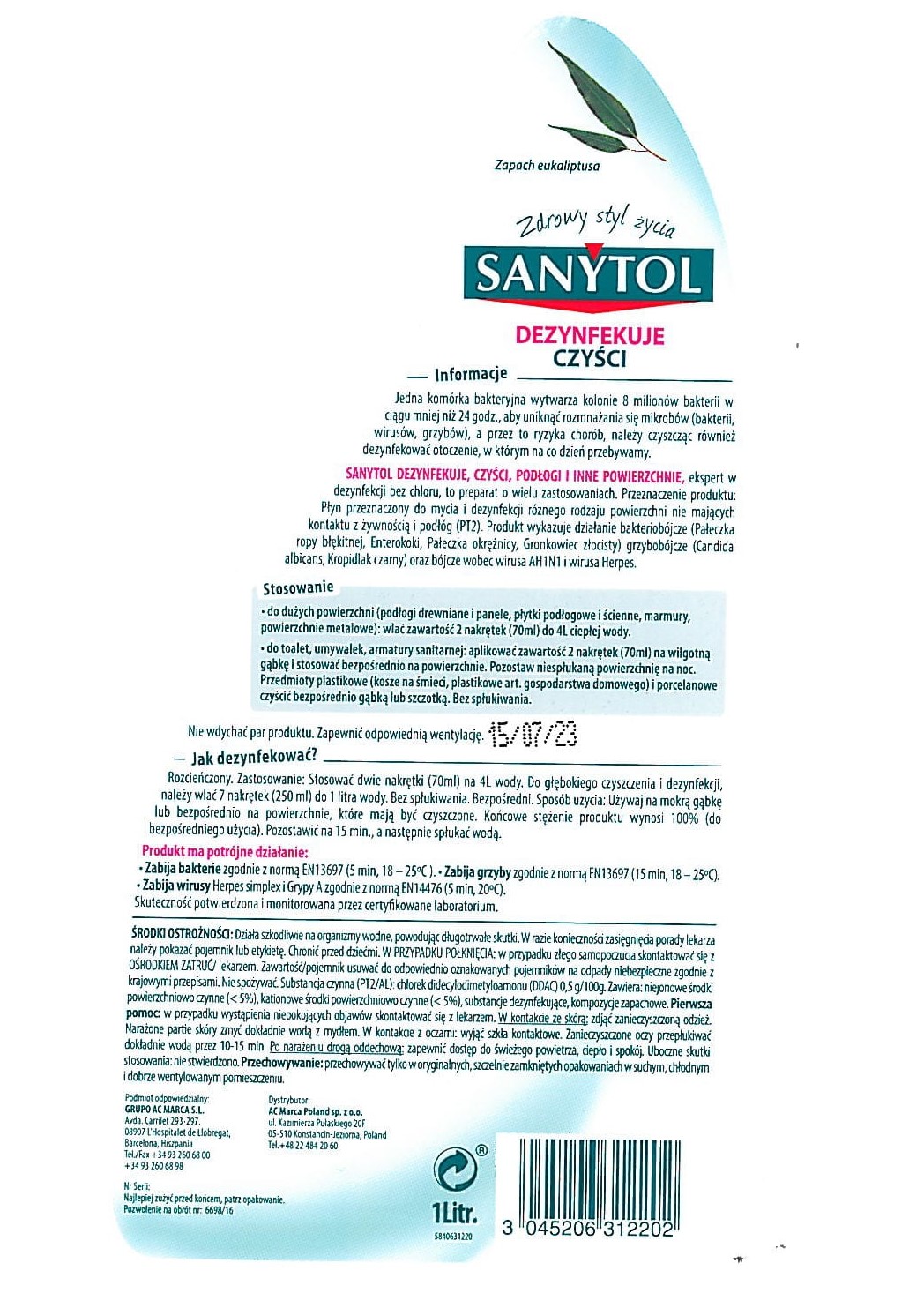 Sanytol Universalflüssigkeit Zum Reinigen Und Desinfizieren Von Böden Und Anderen Oberflächen Mit Eukalyptusduft 1l
