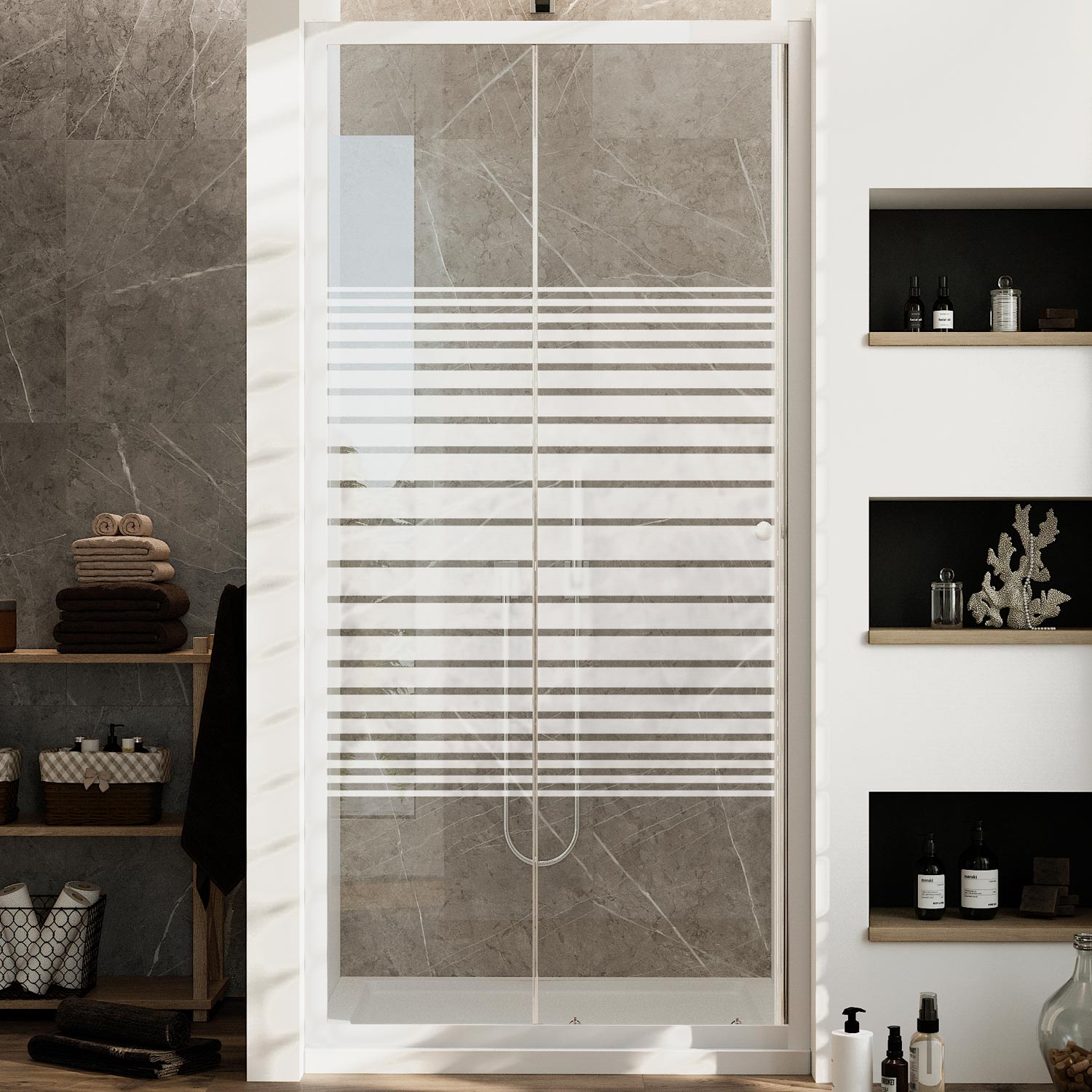 Duschtür Weiss Mit Milchglas Streifen H 185 Mod. Blanc 150 Cm