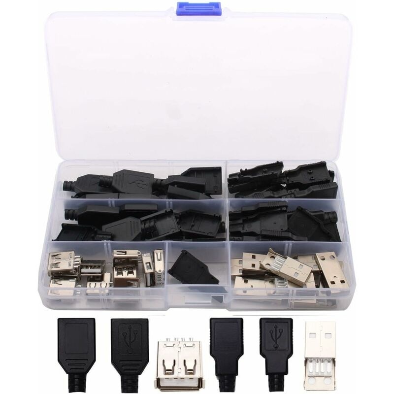 20 Stück Lötbare Usb-a-stecker (männlich), Usb 2.0-stecker (männlich) Und 4-polige Usb-a-buchse (weiblich) Mit Kunststoffabdeckung Für Diy-projekte – Schwarz + Silber