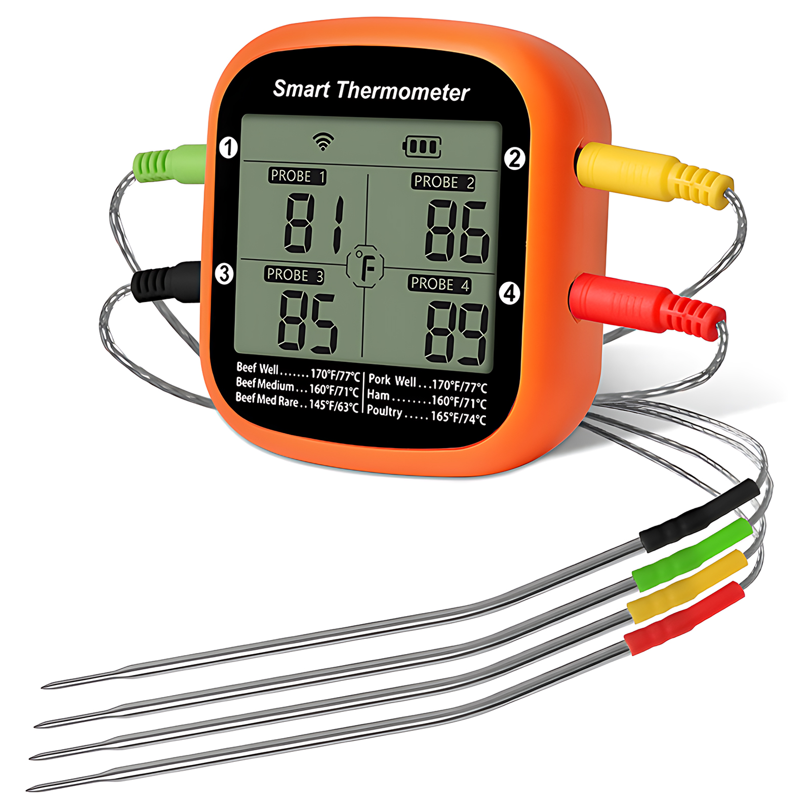 Intelligentes Bluetooth-kochthermometer Mit 4 Digitalen Sonden, Led-anzeige Und Ständer – Fleischthermometer Mit ±1℃ Genauigkeit Für Grillgeräte Im Freien (orange, Abs/edelstahl)