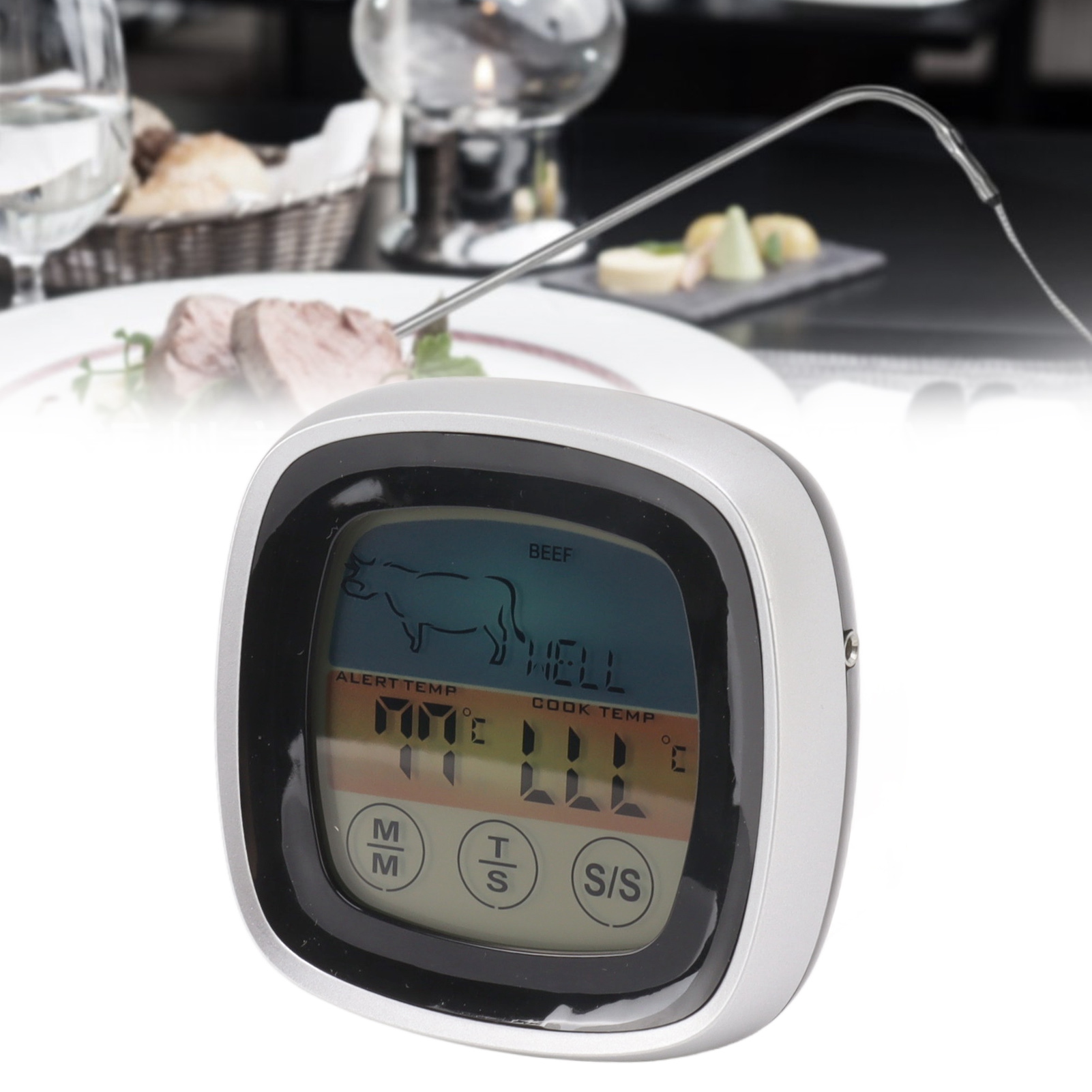 Digitales Lebensmittelthermometer Mit Timer Und Alarm, Schwarz Mit Silbernem Rahmen, Abs, 129 G