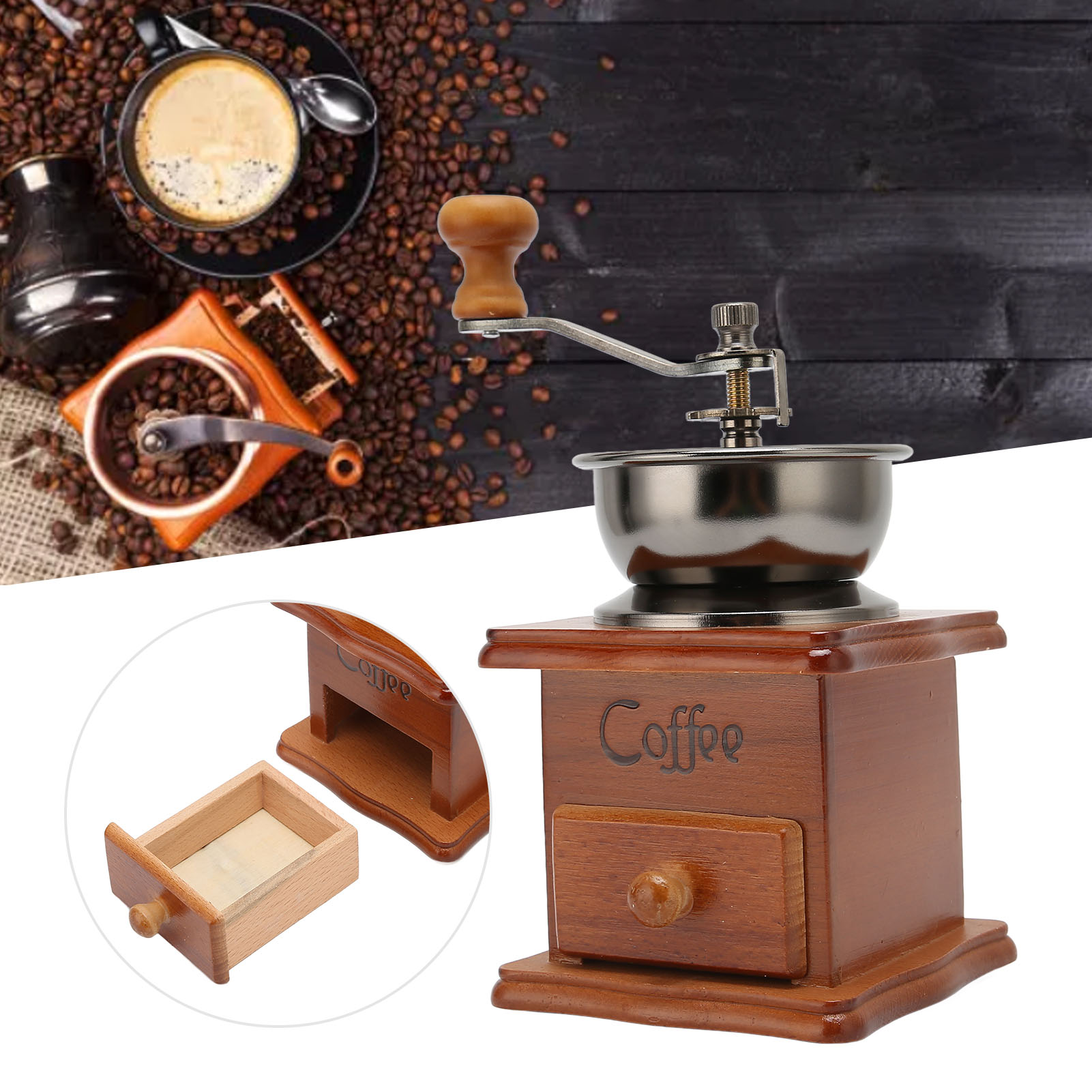 Manuelle Kaffeemühle Im Vintage-stil – Kaffeemühle Für Zuhause, Café Und Teestube – Edelstahl Und Walnussholz – Mahlgrad Einstellbar