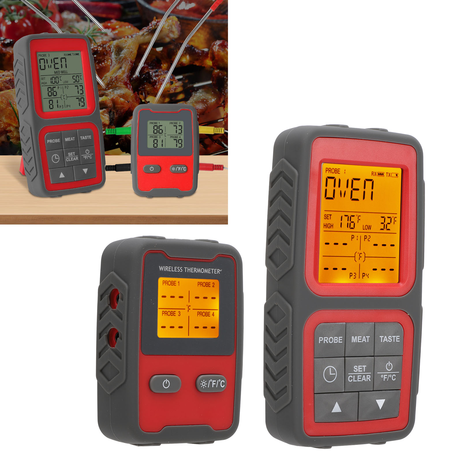 Hochpräzises Drahtloses Fleischthermometer Mit Lcd-temperaturanzeige, 4 Sonden, Alarmfunktion Und Voreingestellter Temperatur.
