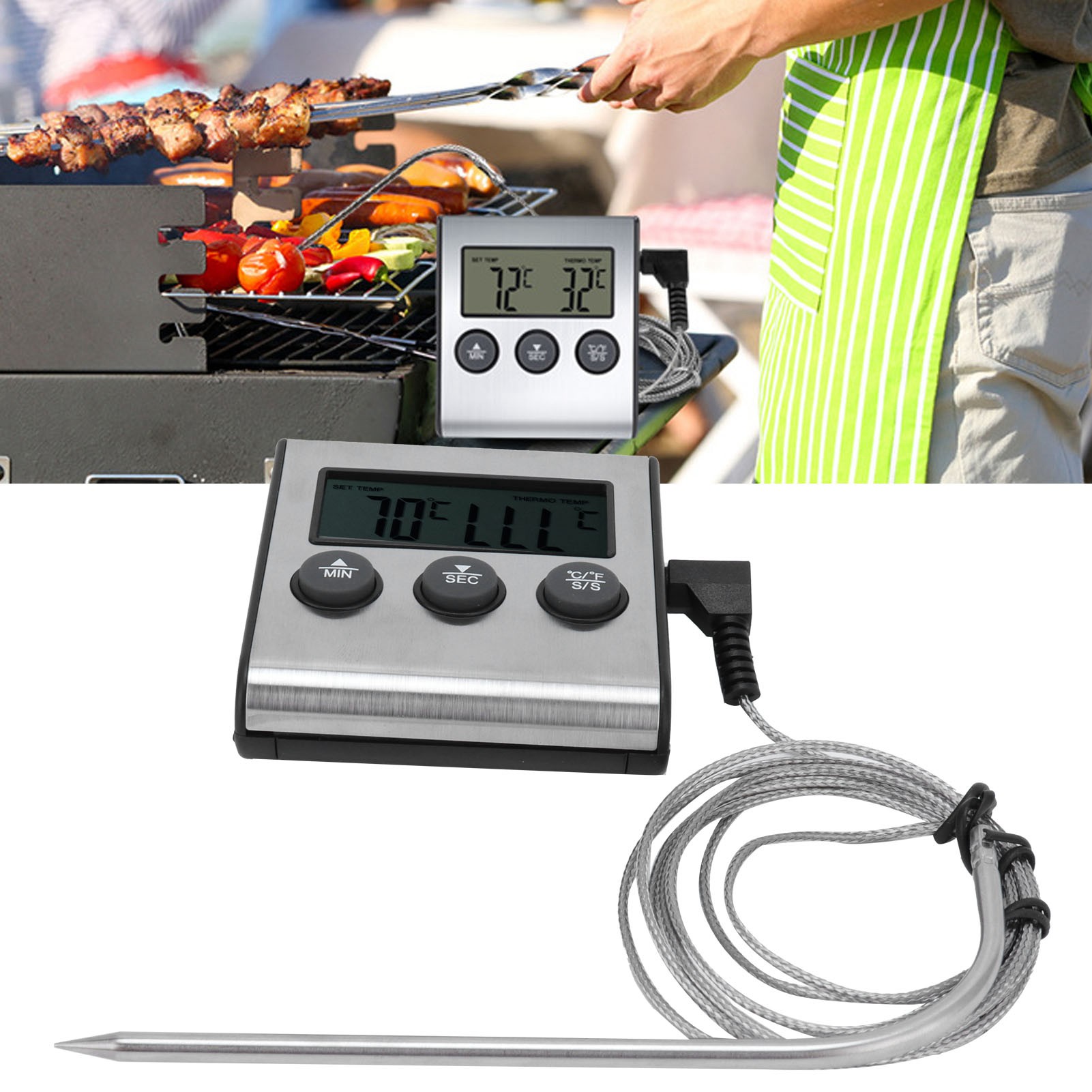 Digitales Küchenthermometer Mit Klappbarer Sonde, Alarmtimer, Magnet Und Ständer Für Fleisch-, Grill- Und Lebensmitteltemperaturmessung (kunststoff, 72 Mm, 95 G)