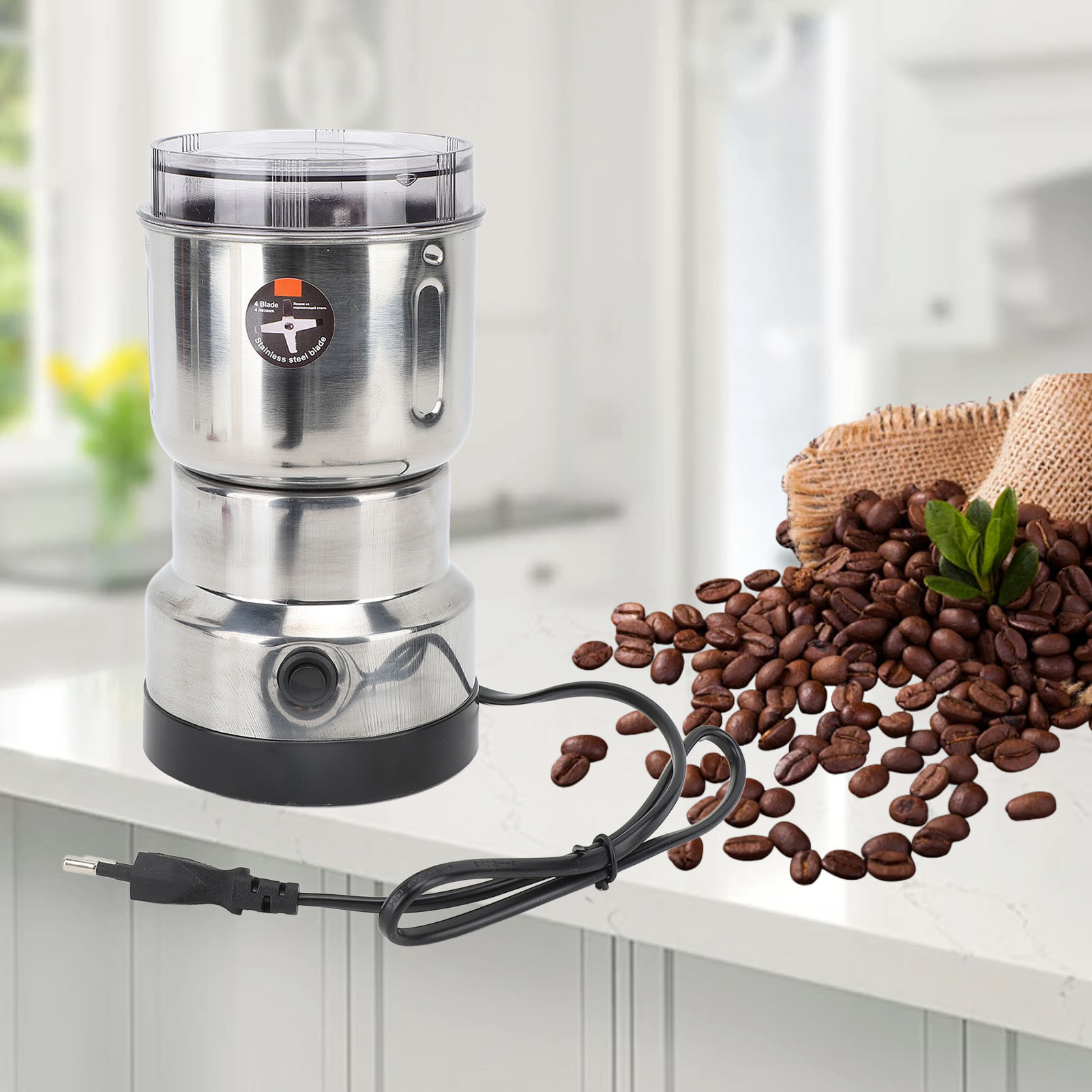 Mini-elektromühle (300 W) Für Kaffee Und Gewürze, Getreidemühle Für Gewürze, Reis, Bohnen Und Würzmittel – Edelstahl, Kompakte Größe (185 X 105 Mm), 350 Ml Fassungsvermögen