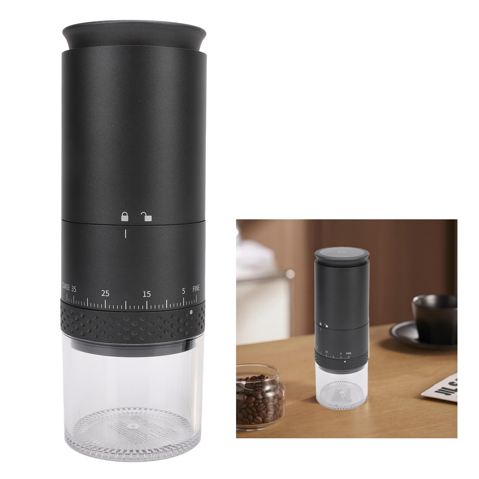 Elektrische Kaffeemühle Mit Usb-anschluss, 110 Ml Fassungsvermögen, 38 Mahlgradeinstellungen, Abnehmbarer Behälter, Schwarzes Abs