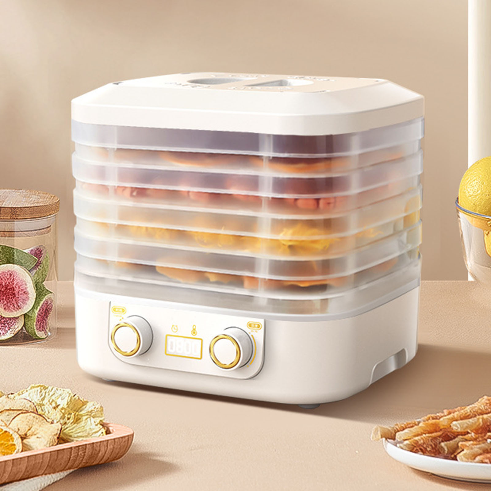 Weißer 5-stöckiger Dörrautomat Mit Timer Und Einstellbarer Temperaturregelung Für Obst, Gemüse Und Fleisch, Eu-stecker 220 V